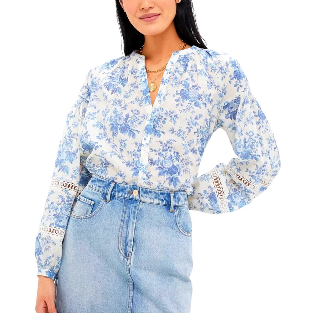 Tuckernuck Forget Me Not Floral Camden Blouse XL Blue White Cotton Lace Trim